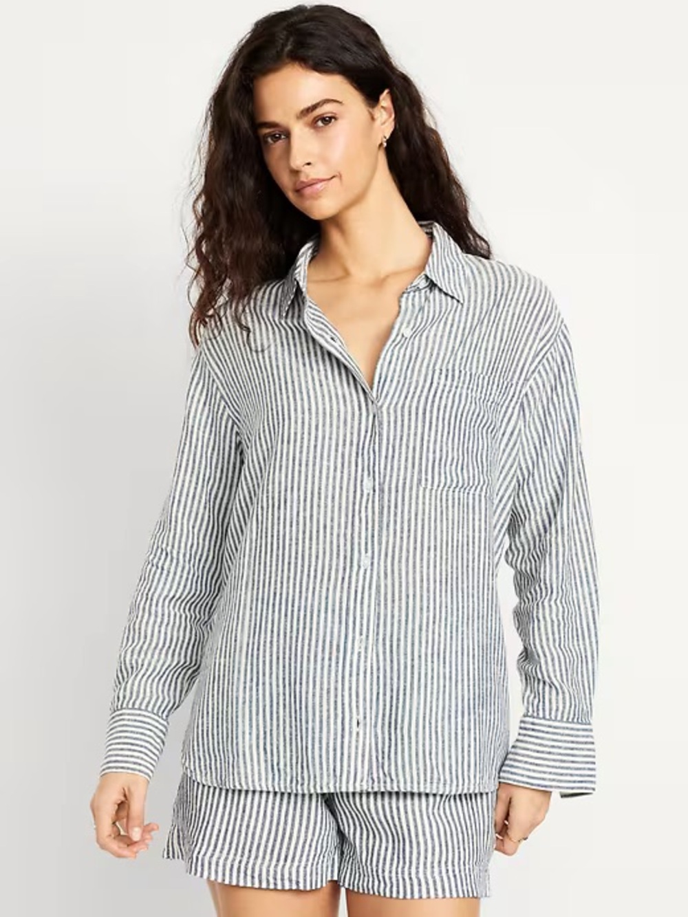 Old Navy Button-Down Linen-Blend Striped Shirt: Blue & White Stripe - XL